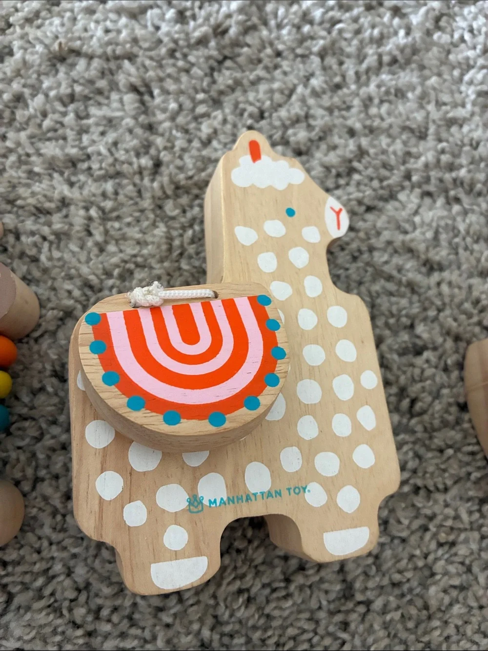 Wooden Animal Pull & Rattle Toy Trio - Neutral, Red, Orange, Teal Accents